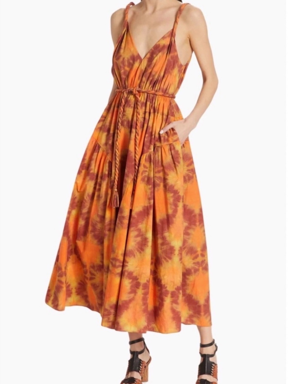 Ulla Johnson Valentina Tie-Dye Orange Brown & Green Midi Maxi Sundress SZ 8 - Picture 2 of 9
